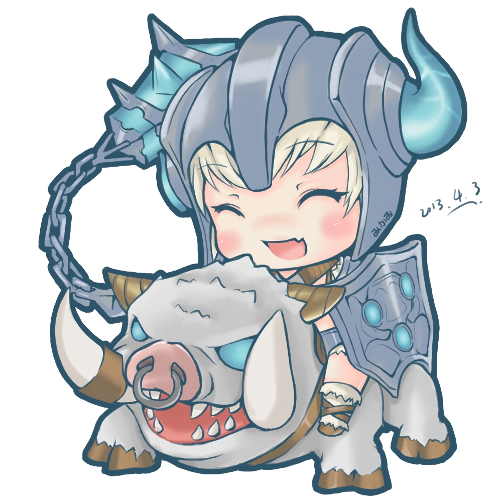 1girl armor boar breasts bristle chibi cleavage closed_eyes helmet horn ice league_of_legends open_mouth sejuani shenren short_hair weapon