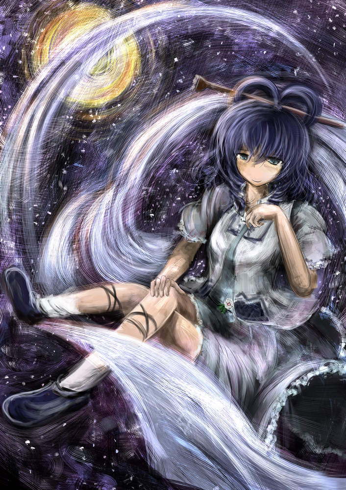 1girl bad_id blue_eyes blue_hair dress faux_traditional_media floating full_moon hair_ornament hair_rings hair_stick hand_on_knee hand_on_own_knee kaku_seiga legs_crossed looking_at_viewer momen102_(sji09u) moon night night_sky shawl short_hair sitting sky smile solo star_(sky) starry_sky touhou vest