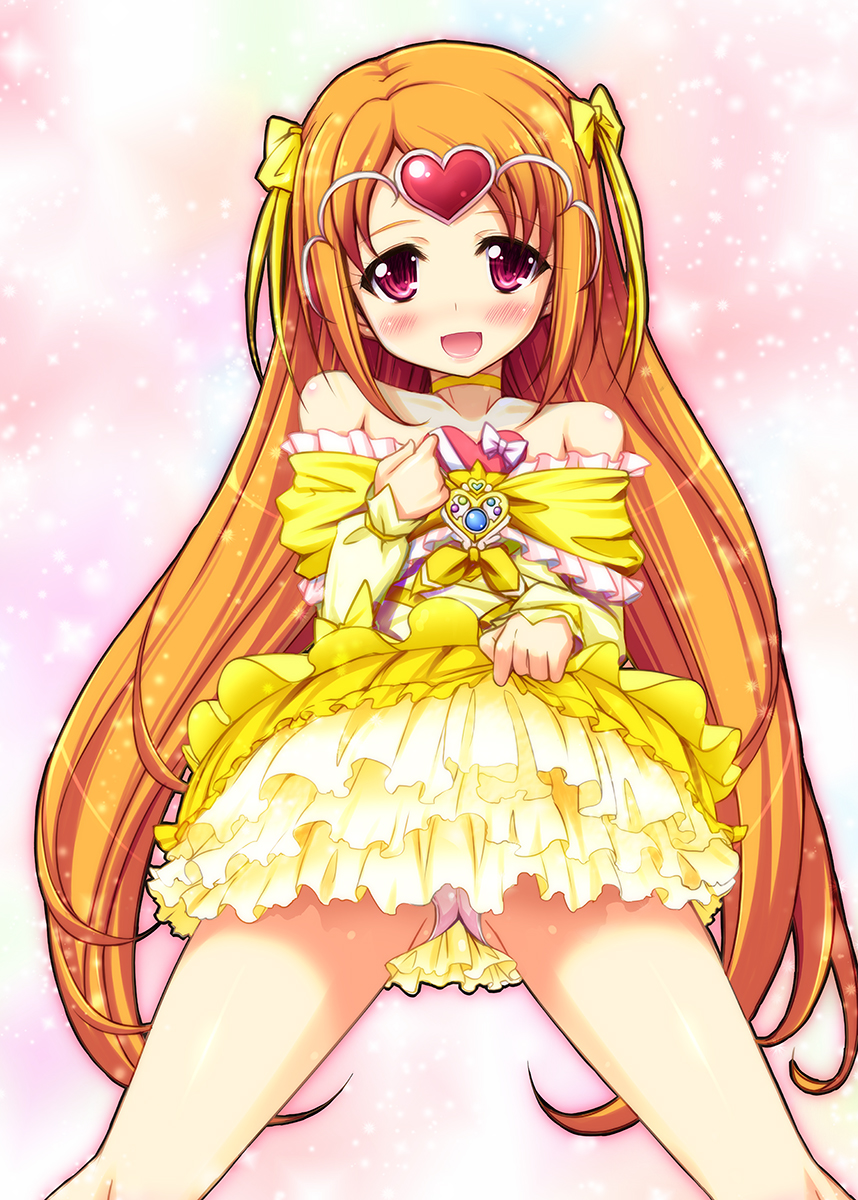 1girl bare_shoulders bow brooch bubble_skirt choker circlet cure_muse cure_muse_(yellow) dress frills hair_ribbon heart highres jewelry long_hair orange_hair panties precure red_eyes ribbon shirabe_ako shiwo skirt solo suite_precure underwear yellow_dress yellow_skirt