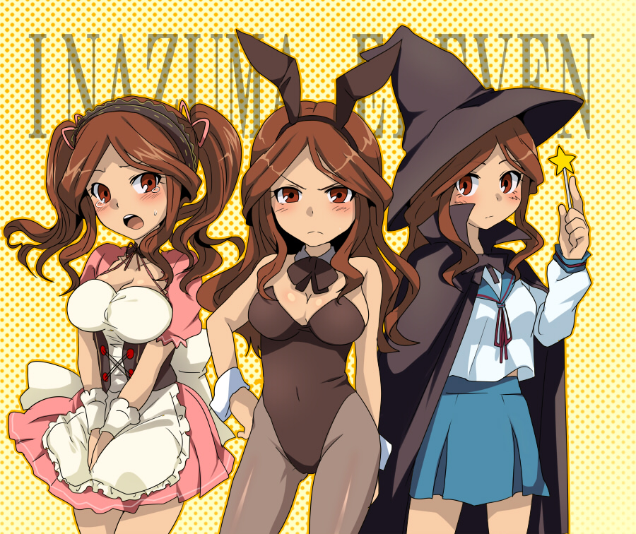 &gt;:( 1girl :o animal_ears asahina_mikuru asahina_mikuru_(cosplay) blush breasts brown_eyes brown_hair bunnysuit cardigan cleavage cosplay detached_collar detached_sleeves dress hat inazuma_eleven inazuma_eleven_(series) inazuma_eleven_go large_breasts level-5 long_hair marimo_danshaku multiple_persona nagato_yuki nagato_yuki_(cosplay) pantyhose rabbit_ears raimon_natsumi school_uniform suzumiya_haruhi suzumiya_haruhi_(cosplay) suzumiya_haruhi_no_yuuutsu tears twintails witch_hat