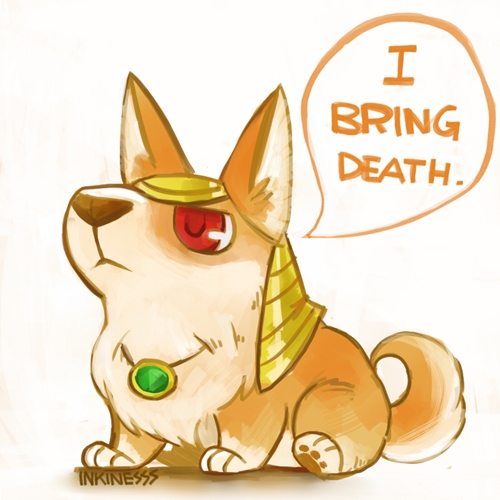 :&lt; dog english headgear inkinesss jewelry league_of_legends lowres nasus nasus_(dog) necklace no_humans paws red_eyes