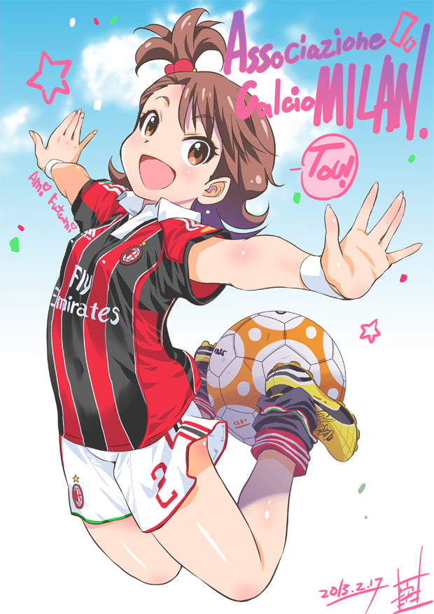 1girl :d ac_milan adidas ball blush brown_eyes brown_hair clothed_navel covered_navel flipped_hair futami_ami hair_bobbles hair_ornament idolmaster inoue_sora italy jersey open_mouth outstretched_arms short_hair side_ponytail smile soccer soccer_ball soccer_uniform solo sportswear wristband