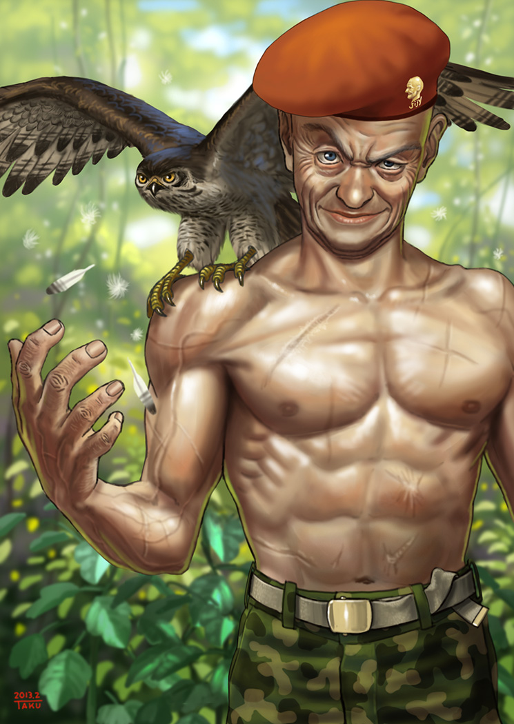 1boy belt beret bird blue_eyes camouflage camouflage_pants dated feathers hat looking_at_viewer male_focus matataku muscle navel old_man original pants plant scar shirtless signature smile topless upper_body wrinkles