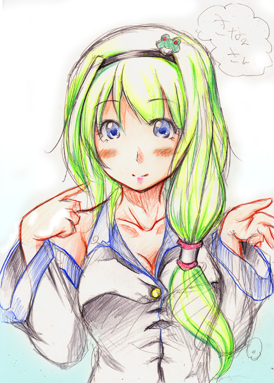 1girl alternate_hairstyle blue_eyes blush breasts cleavage detached_sleeves female frog frog_hair_ornament green_hair hair_ornament hair_tubes hairband hairpin impossible_clothes kemu_inu kochiya_sanae long_hair long_sleeves sketch smile snake_hair_ornament solo touhou upper_body white_background
