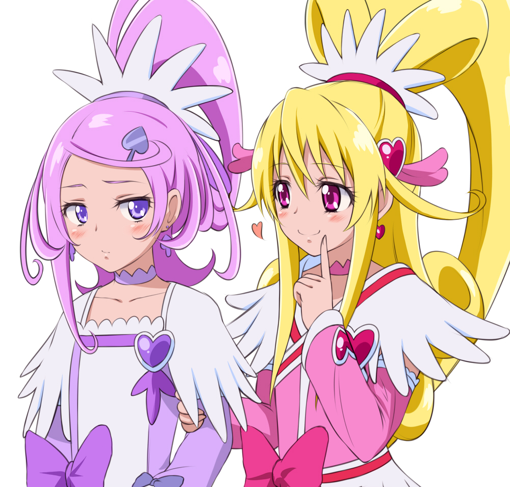 2girls aida_mana arm_grab bangs blonde_hair blush bow choker cure_heart cure_sword curly_hair detached_sleeves dokidoki!_precure earrings embarrassed eye_contact eyelashes finger_to_mouth fingernails flat_chest hair_between_eyes hair_ornament hairpin heart heart_hair_ornament jewelry kenzaki_makoto light_smile long_fingernails long_hair looking_at_another magical_girl multiple_girls pink_bow pink_eyes pointing ponytail precure purple_hair sidelocks simple_background smile spade spade_hair_ornament spoken_heart suzushiro_yukari swept_bangs twintails upper_body violet_eyes white_background