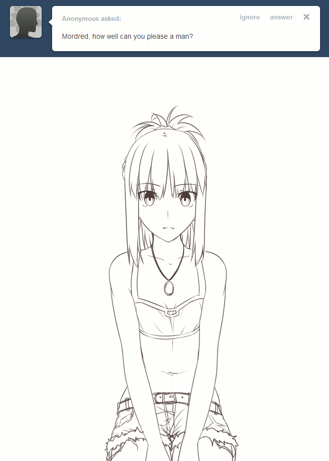 /\/\/\ 1girl animated animated_gif belt blinking cutoffs denim denim_shorts fate/apocrypha fate_(series) flat_chest jewelry midriff monochrome navel necklace nod saber_of_red shorts simple_background solo tumblr tusia v_arms white_background wide-eyed