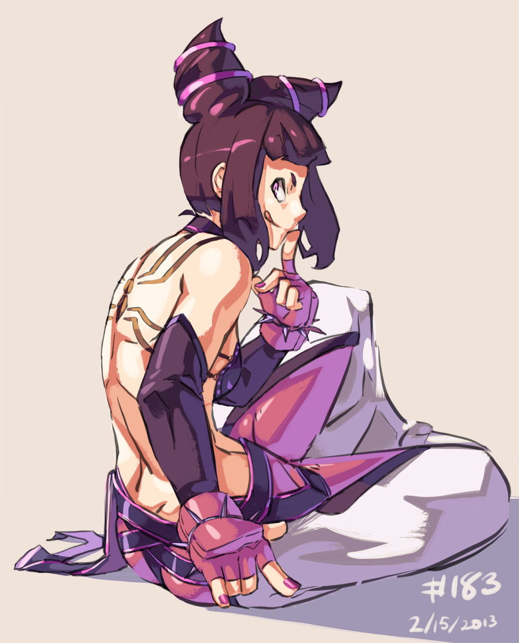 1girl :q \m/ back baggy_pants bare_shoulders black_hair bracelet capcom dated drill_hair finger_to_mouth fingerless_gloves gloves halter_top halterneck han_juri highres jewelry junkpuyo licking_lips nail_polish pants short_hair sitting solo spiked_bracelet spikes street_fighter street_fighter_iv street_fighter_iv_(series) super_street_fighter_iv tongue tongue_out twin_drills twintails violet_eyes