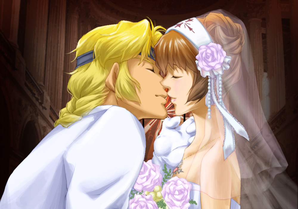 1boy 1girl bare_shoulders bartholomew_fatima blonde_hair bouquet braid bridal_veil brown_hair closed_eyes couple dress eyepatch flower formal gloves hair_flower hair_ornament hetero husband_and_wife incest incipient_kiss marguerite_fatima rose ryukia short_hair suit veil wedding wedding_dress white_gloves white_suit xenogears