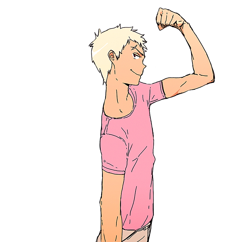 1boy blonde_hair flexing inoue_ayumi pink_shirt pose shirt short_hair solo tsuritama uki_atsuya