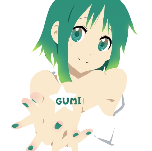 1girl 3aya_n bare_shoulders bodyart character_name gradient_hair green_eyes green_hair gumi hands_clasped k-on! looking_at_viewer lowres multicolored_hair nail_polish parody short_hair smile solo style_parody tattoo vocaloid