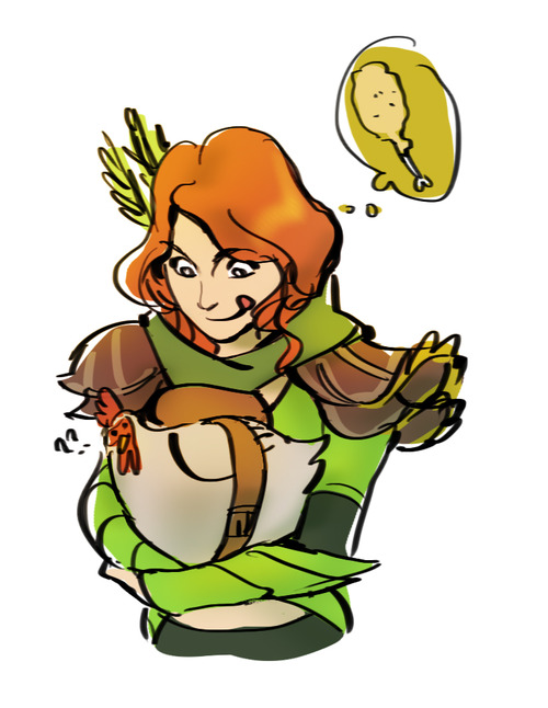 1girl armor arrow artist_request backpack bag bird chicken chicken_wing defense_of_the_ancients dota_2 food green_scarf green_shirt lyralei redhead scarf shirt shoulder_pads tongue white_background