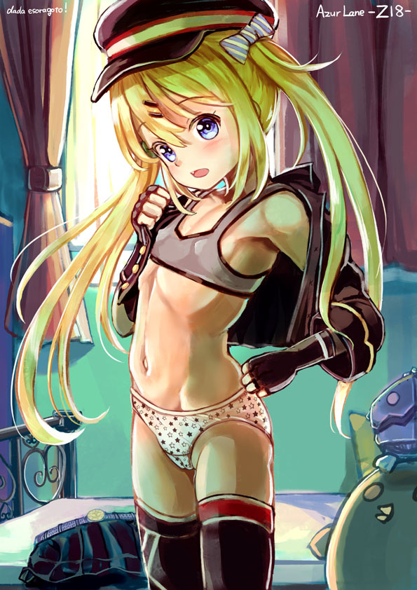 1girl azur_lane backlighting bed bedroom black_gloves black_hat black_jacket black_legwear black_skirt blonde_hair blue_eyes bra breasts cabbie_hat character_name commentary_request copyright_name cowboy_shot crotch_seam curtains dada_(esoragoto) dressing fang gloves grey_bra hair_ornament hairclip hat head_tilt indoors italian_flag jacket light_blush long_hair looking_at_viewer navel no_pants off_shoulder open_mouth panties pleated_skirt print_legwear print_panties ribs skirt skirt_removed small_breasts smile solo standing star star_print thigh-highs thighs training_bra twintails underwear white_panties window z18_(azur_lane)