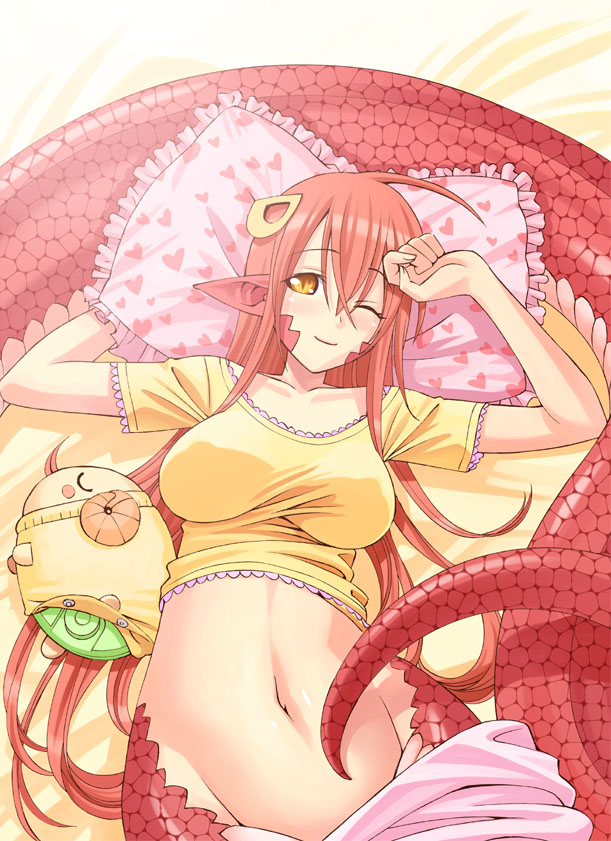 1girl ahoge arms_up bed_sheet breasts frilled_pillow frills hair_ornament hairclip horns inui_takemaru lamia large_breasts long_hair miia_(monster_musume) monster_girl monster_musume_no_iru_nichijou navel no_panties okayado one_eye_closed pajamas pillow pointy_ears redhead scales sheep sheep_horns snake_tail solo stuffed_animal stuffed_toy wink yellow_eyes