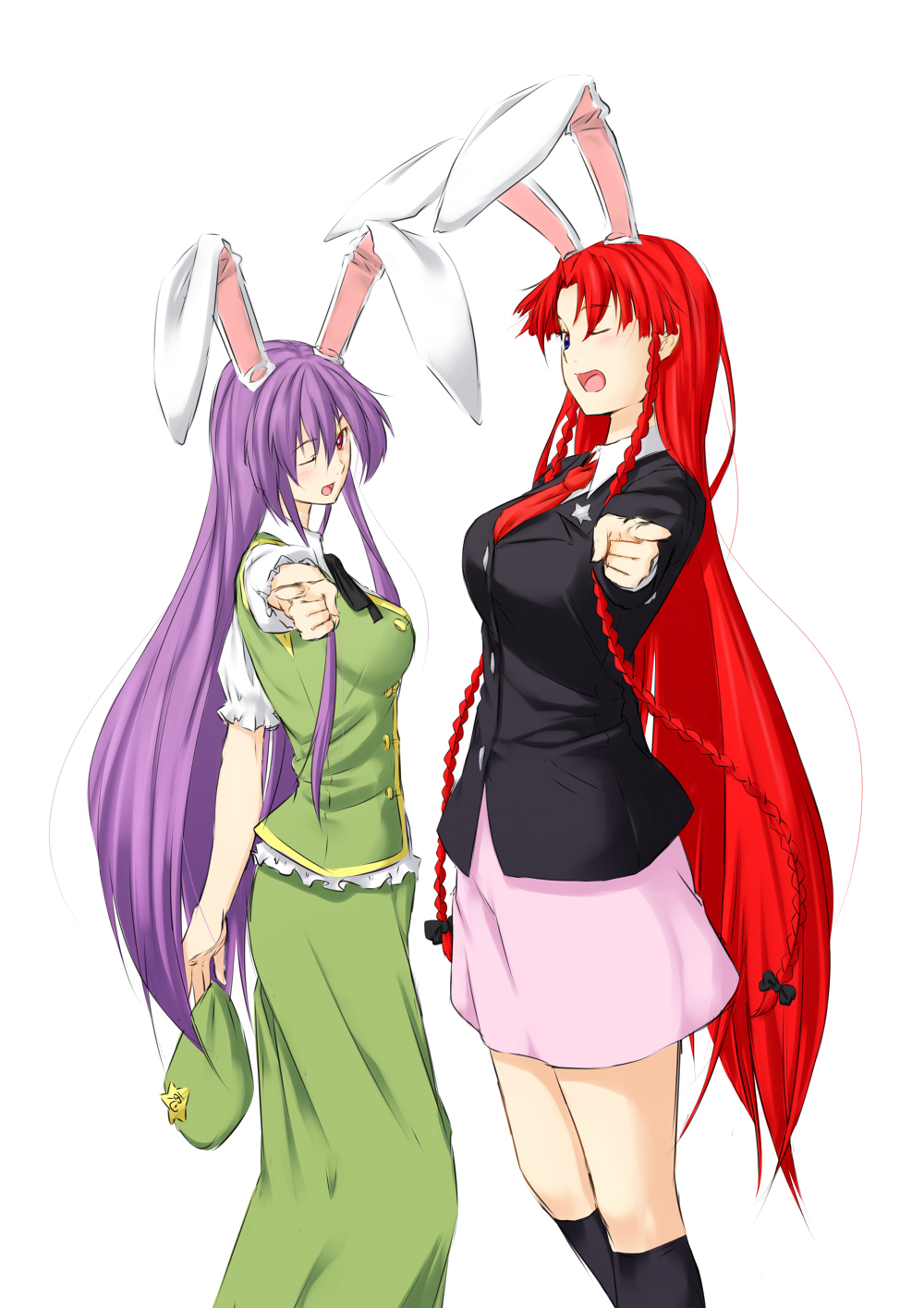 2girls ;d animal_ears blazer braid breasts cosplay costume_switch expressive_clothes female hat hat_removed headwear_removed highres hong_meiling hong_meiling_(cosplay) large_breasts long_hair multiple_girls necktie niwatazumi one_eye_closed open_mouth pointing purple_hair rabbit_ears red_necktie redhead reisen_udongein_inaba reisen_udongein_inaba_(cosplay) simple_background skirt smile star touhou twin_braids very_long_hair white_background wink
