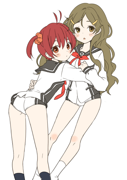 2girls antenna_hair ass black_legwear blush brown_eyes brown_hair hair_ornament hairclip isshiki_akane long_hair looking_at_viewer mizutamako multiple_girls red_eyes redhead school_uniform shinomiya_himawari short_hair short_twintails simple_background twintails vividred_operation white_background white_legwear