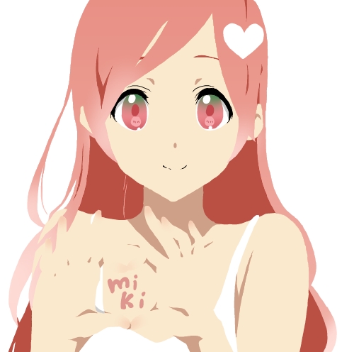 1girl 3aya_n bodyart character_name long_hair lowres parody pink_eyes pink_hair sf-a2_miki simple_background smile solo style_parody tattoo vocaloid white_background
