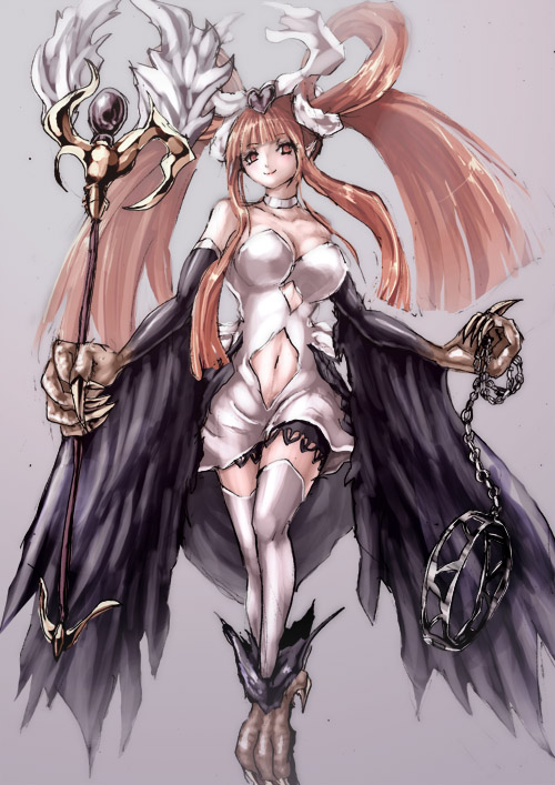 1girl bare_shoulders black_wings breasts chains choker claws collarbone duel_monster emudoru grey_background harpie_channeler harpy holding long_hair looking_at_viewer matching_hair/eyes monster_girl navel navel_cutout orange_eyes orange_hair simple_background smile solo staff thigh-highs tied_hair twintails white_legwear wings yu-gi-oh!