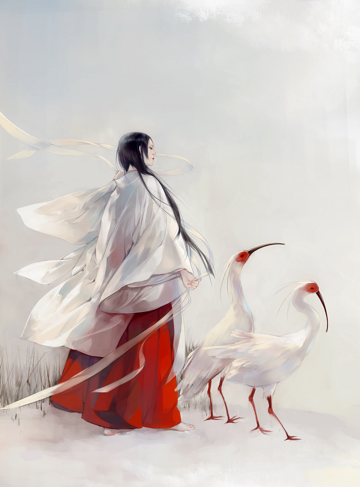 1girl barefoot bird black_hair chm crane crane_(animal) hakama japanese_clothes kimono long_hair miko original sky snow solo