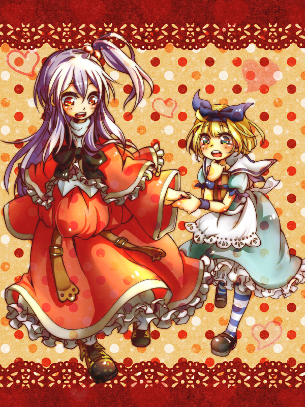 2girls adapted_costume alice_margatroid alice_margatroid_(pc-98) apron armband belt blonde_hair book boots bow capelet dress female frills full_body hair_bobbles hair_ornament hairband hand_holding holding holding_book kouho_(matya03) long_hair looking_back mary_janes multiple_girls mystic_square neck_ribbon one_side_up open_mouth ribbon sailor_collar shinki shoes short_hair silver_hair smile striped touhou touhou_(pc-98) walking wide_sleeves