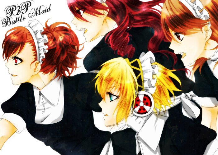 4girls aegis aegis_(persona) alternate_costume atlus brown_eyes brown_hair dress_shirt enmaided female_protagonist_(persona_3) headphones kirijou_mitsuru long_hair maid maid_headdress multiple_girls okitdo open_mouth persona persona_3 persona_3_portable red_eyes redhead shin_megami_tensei shirt short_hair smile takeba_yukari