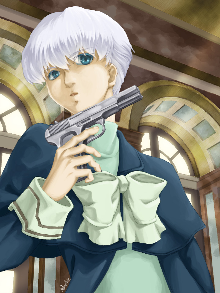 1boy billy_lee_black blue_eyes bow capelet gun handgun male_focus pistol ryukia short_hair silver_hair solo tokarev_tt-33 weapon xeno_(series) xenogears