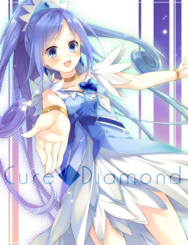1girl blue_bow blue_eyes blue_hair bow bracelet character_name choker cure_diamond curly_hair dokidoki!_precure dress earrings hishikawa_rikka jewelry long_hair magical_girl outstretched_arms outstretched_hand ponytail precure ribbon smile solo spread_arms toosaka_asagi