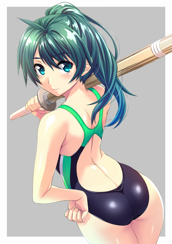 1girl aqua_eyes ass back bare_shoulders competition_swimsuit from_behind green_hair hand_on_hip nagayori one-piece_swimsuit over_shoulder ponytail saegusa_wakaba shinai solo swimsuit sword sword_over_shoulder vividred_operation weapon weapon_over_shoulder