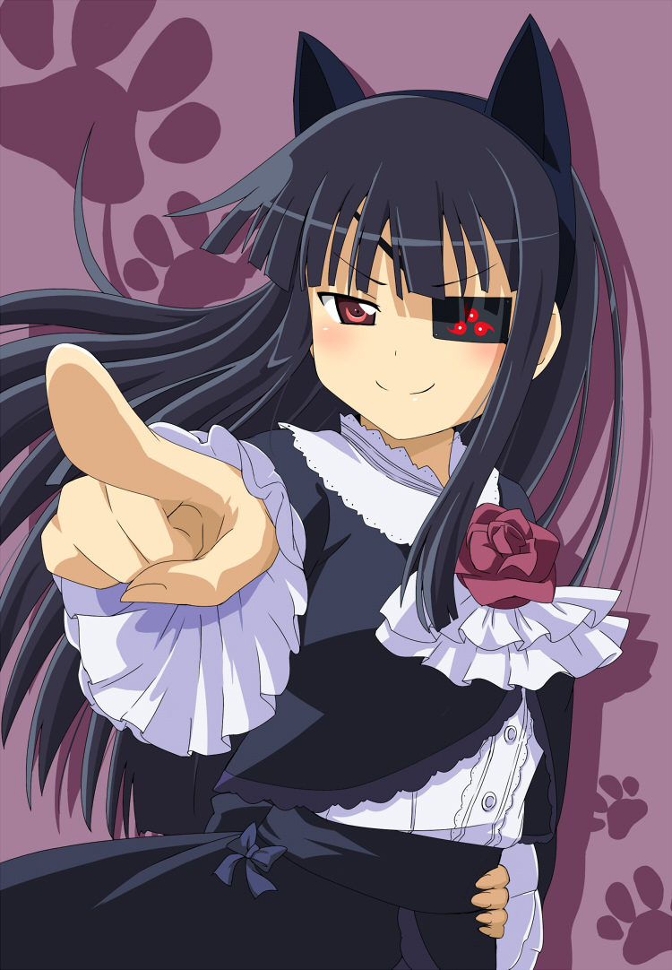 &gt;:) 1girl animal_ears black_hair bow cat_ears cosplay dress eyepatch fake_animal_ears flower gokou_ruri gokou_ruri_(cosplay) gothic_lolita hand_on_hip hime_cut kamelie lolita_fashion long_hair look-alike mirai_(senran_kagura) ore_no_imouto_ga_konna_ni_kawaii_wake_ga_nai pointing red_eyes rose senran_kagura senran_kagura_(series) smile smirk standing