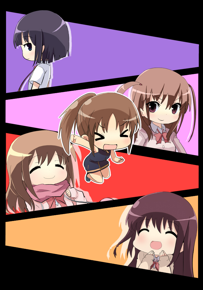 5girls atarashi_ako b3 blush brown_hair cardigan chibi closed_eyes long_hair matsumi_kuro matsumi_yuu multiple_girls ponytail ribbon sagimori_arata saki saki_achiga-hen short_hair sleeveless smile takakamo_shizuno track_jacket