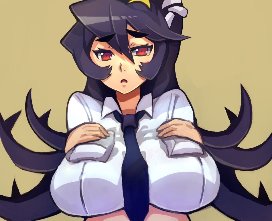 1girl black_hair breast_suppress breasts extra_mouth filia_(skullgirls) huge_breasts impossible_clothes impossible_shirt long_hair necktie prehensile_hair red_eyes samson_(skullgirls) shirt skullgirls solo thigh-highs wasabi_(umiumicat)