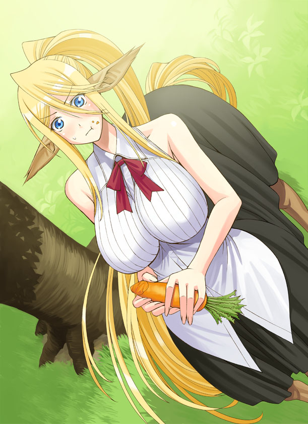 1girl :t animal_ears bare_shoulders blonde_hair blue_eyes blush breasts carrot centaur centorea_shianus dutch_angle eating food food_on_face from_above horse_ears huge_breasts inui_takemaru long_hair looking_at_viewer monster_girl monster_musume_no_iru_nichijou okayado pointy_ears ponytail skirt solo tail very_long_hair