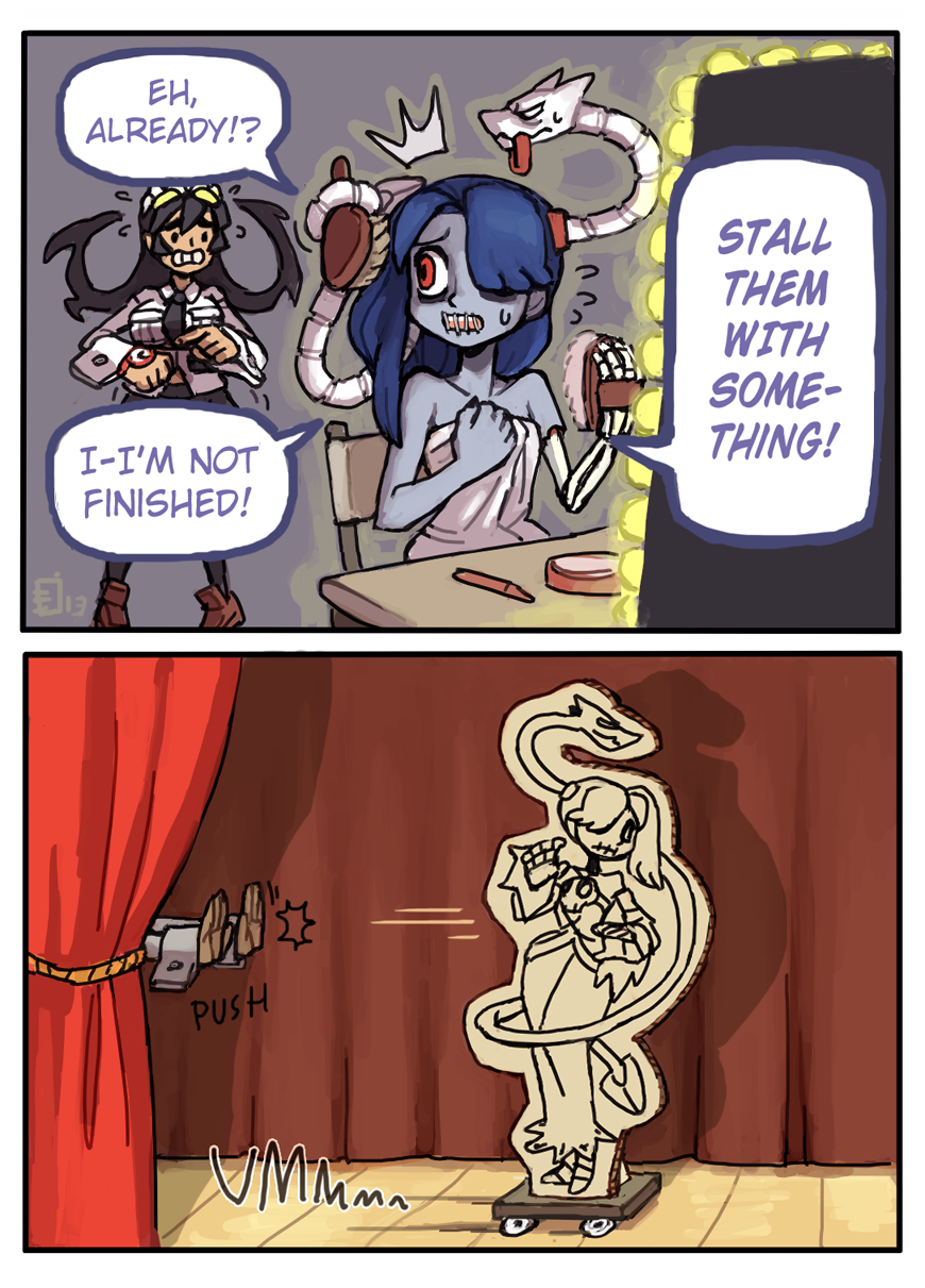 2girls 2koma applying_makeup blue_hair blue_skin cardboard comic cutout emlan english filia_(skullgirls) hair_over_one_eye highres leviathan_(skullgirls) multiple_girls naked_towel red_eyes samson_(skullgirls) skullgirls squigly_(skullgirls) stitched_mouth towel watch watch wrist_cuffs zombie