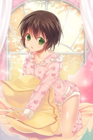 1girl breasts brown_hair green_eyes lowres open_mouth outstretched_arms pajamas pillow reum short_hair socks solo sword_girls