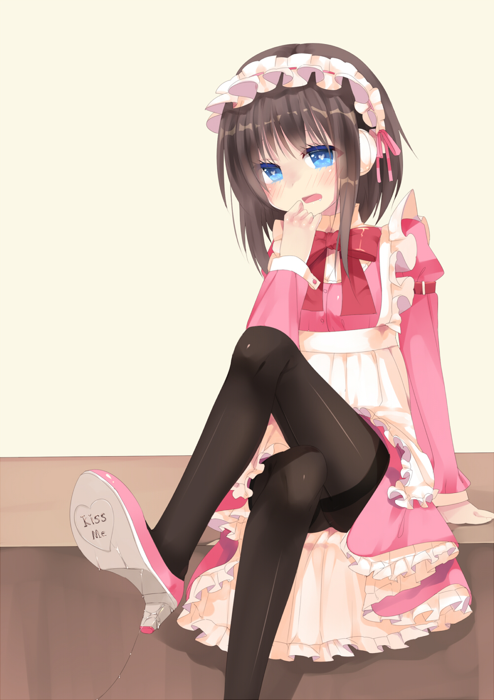 1girl ame_no_hi_no_iris black_legwear blue_eyes blush dress embarrassed heart heart-shaped_pupils high_heels highres iris_rain_umbrella legs_crossed maid maid_headdress mvv pantyhose pink_dress rancy saliva sexually_suggestive shoes short_hair sitting symbol-shaped_pupils thighband_pantyhose