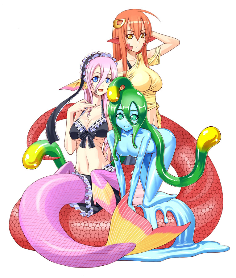 3girls :d all_fours blue_eyes breasts cleavage everyone fish_tail gills goo_girl green_eyes green_hair green_sclera head_fins inui_takemaru lamia large_breasts long_hair looking_at_viewer maid_headdress mermaid meroune_lorelei miia_(monster_musume) monster_girl monster_musume_no_iru_nichijou multiple_girls navel official_art okayado open_mouth pink_hair pointy_ears presenting redhead scales simple_background slime slit_pupils smile snake_tail suu_(monster_musume) tail take_your_pick tentacle_hair under_boob v_arms white_background yellow_eyes