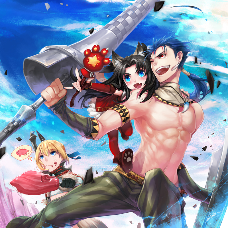 1boy 2girls animal_ears bad_id black_hair blue_eyes blue_hair boned_meat capcom cat_ears cat_tail danhu eating fang fate/hollow_ataraxia fate/stay_night fate_(series) fingerless_gloves food gloves kaleido_ruby kawells kirin_(armor) lancer long_hair magical_girl meat monster_hunter multiple_girls parody polearm ponytail red_eyes saber shirtless tail tohsaka_rin weapon