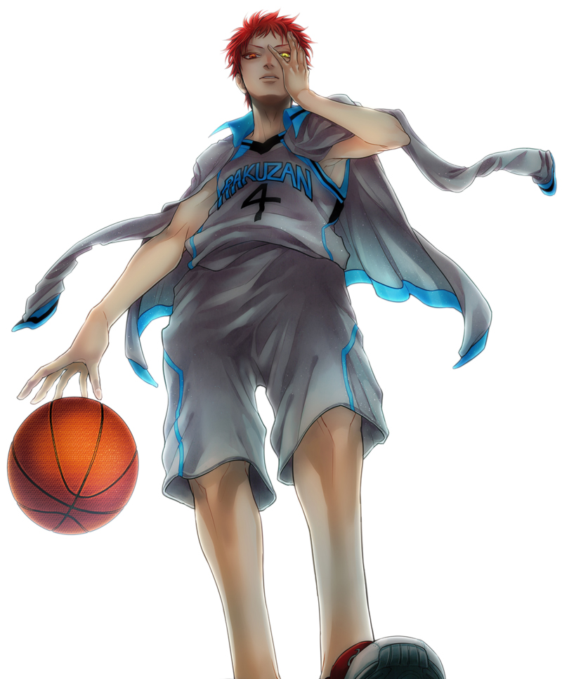 1boy akashi_seijuurou basketball basketball_uniform hand_on_own_face jacket_on_shoulders kuroko_no_basuke letterman_jacket male_focus red_eyes redhead solo sportswear yellow_eyes yubikitasu2