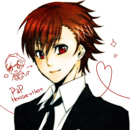 1boy atlus brown_hair dress_shirt female_protagonist_(persona_3) genderswap hair_ornament hairclip heart heart_of_string okitdo open_mouth persona persona_3 persona_3_portable red_eyes school_uniform shirt smile solo sparkle upper_body