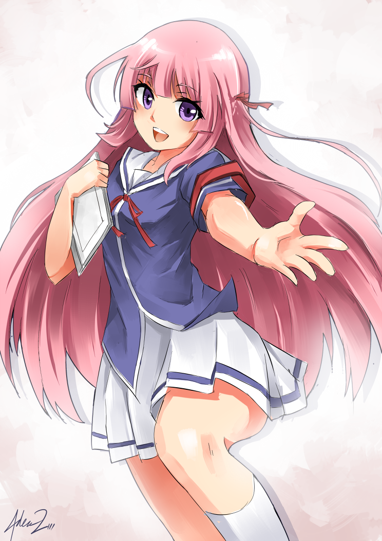 1girl fuyuumi_ai long_hair long_sleeves mystic-san mystic_(artist) notebook ore_no_kanojo_to_osananajimi_ga_shuraba_sugiru pink_hair school_uniform short_sleeves solo very_long_hair violet_eyes white_background