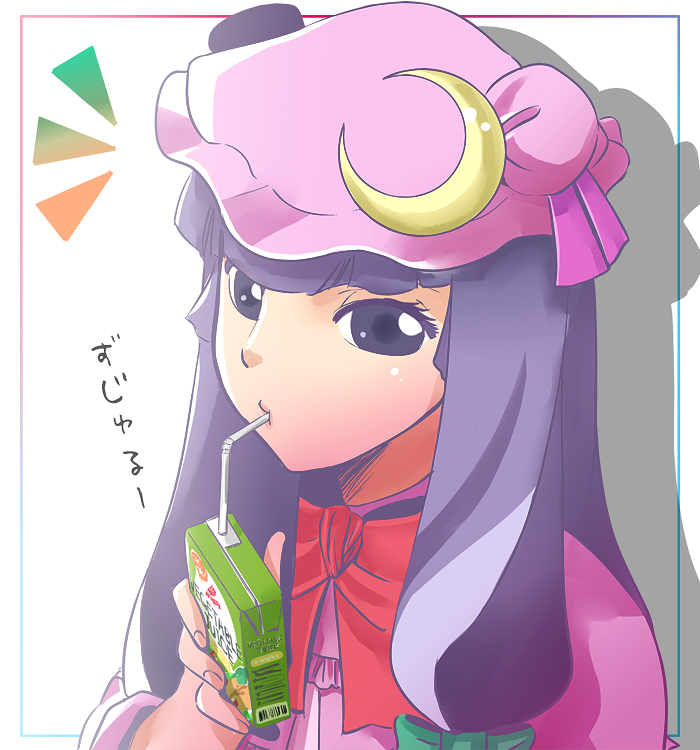 1girl :t bow crescent drinking_straw female hair_bow hat jii_baa juice_box long_hair patchouli_knowledge purple_hair sidelocks sipping solo straw touhou violet_eyes