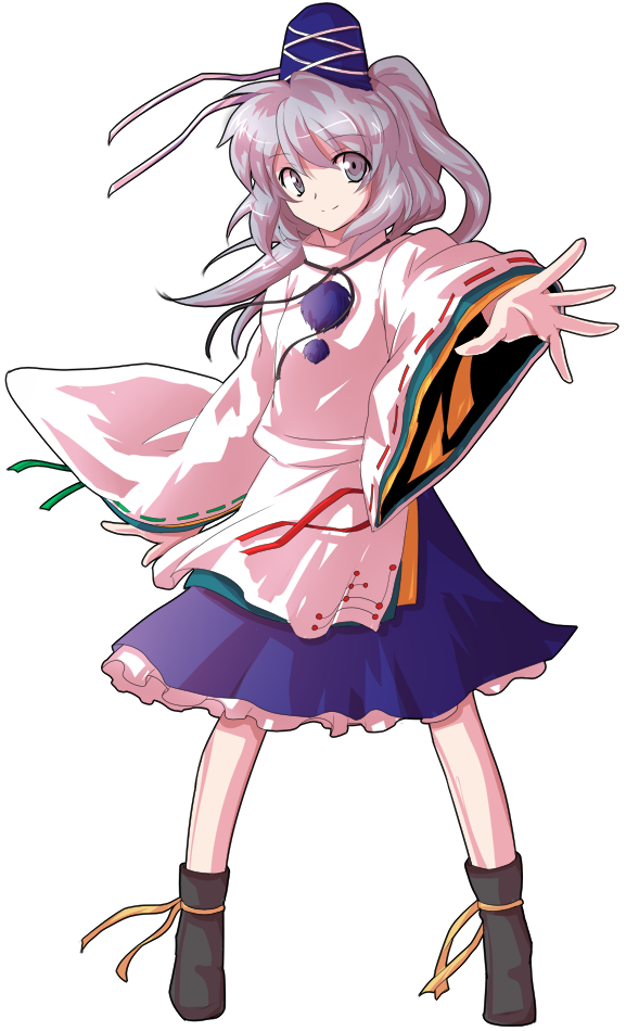 1girl alphes_(style) dairi female full_body grey_eyes grey_hair hat japanese_clothes kariginu long_hair long_sleeves looking_at_viewer mononobe_no_futo outstretched_arm parody ponytail pose shoes skirt smile solo style_parody tate_eboshi touhou transparent_background wide_sleeves