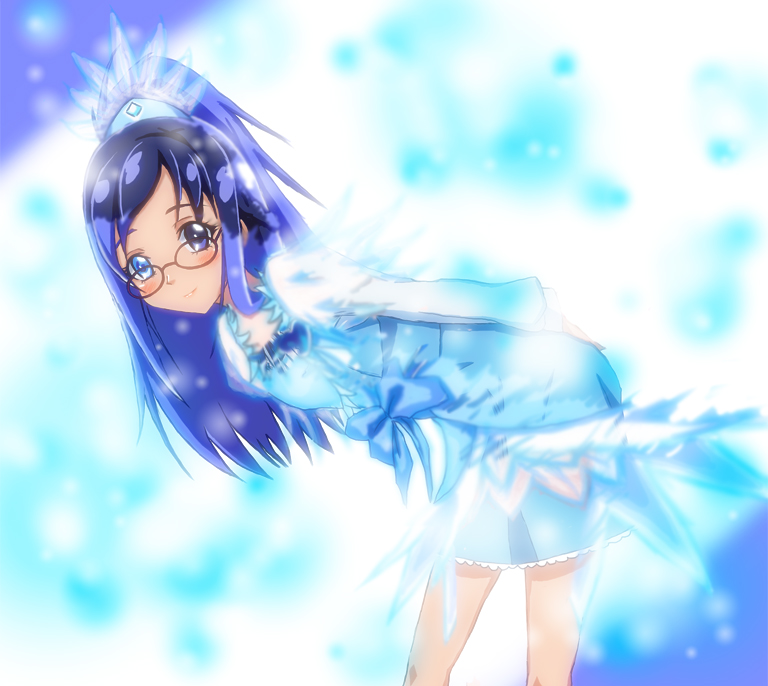 1girl blue blue_background blue_eyes blue_hair bow bracelet choker cure_diamond curly_hair dokidoki!_precure dress glasses half_updo henshin hishikawa_rikka jewelry kouchin long_hair magical_girl ponytail precure ribbon school_uniform smile solo