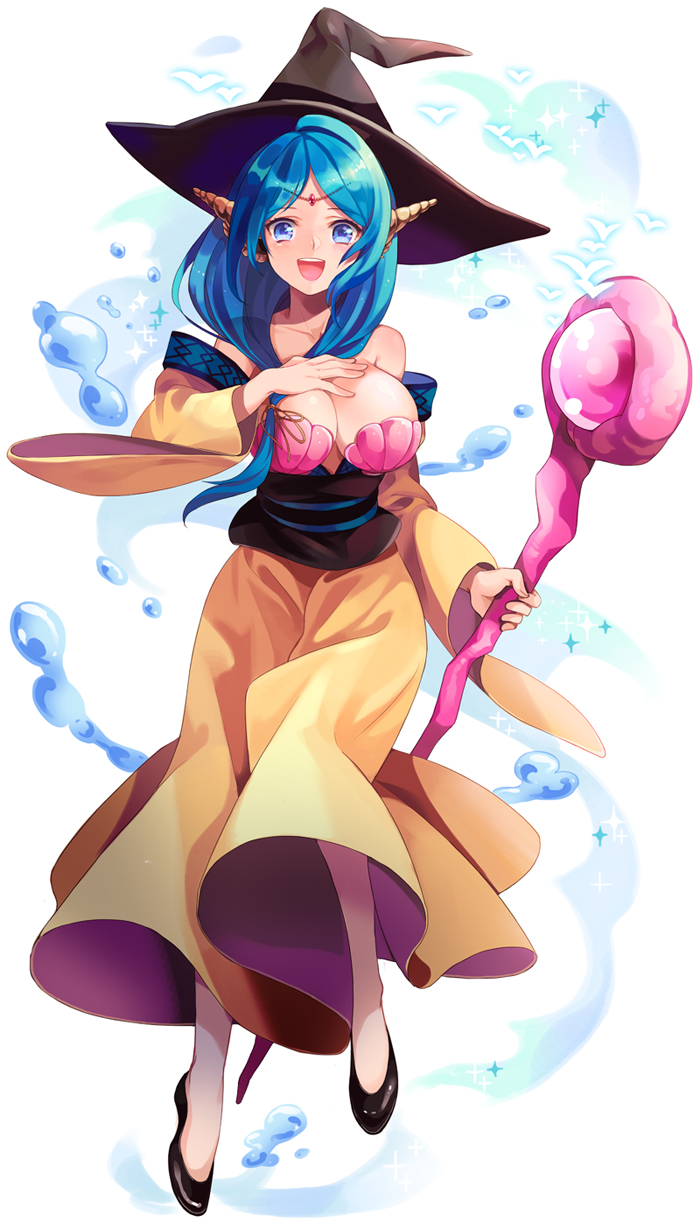 1girl :d apple972 bare_shoulders blue_eyes blue_hair breasts detached_sleeves dress full_body hand_on_own_chest hat highres inzup large_breasts long_hair long_skirt looking_at_viewer magi_the_labyrinth_of_magic open_mouth shell shell_bikini skirt smile solo staff water wide_sleeves witch_hat yamuraiha