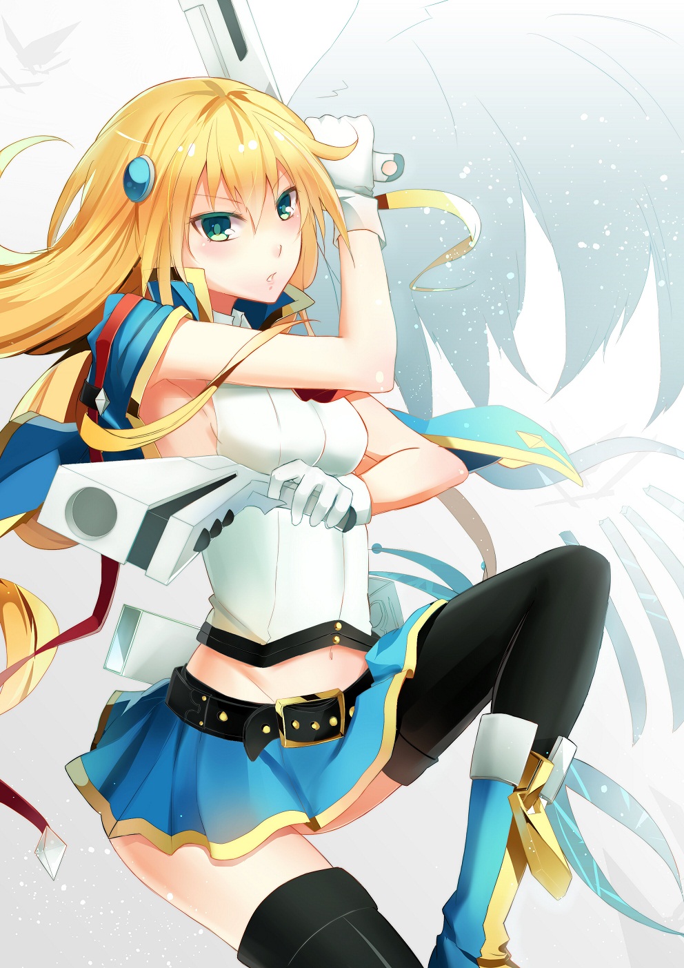 1girl arc_system_works bad_id black_legwear blazblue blazblue:_chronophantasma blonde_hair blue_boots bolverk boots capelet dual_wielding gloves green_eyes gun hair_ornament hairclip handgun highres long_hair midriff miniskirt navel no_hat no_headwear noel_vermillion qitoli skirt solo thigh-highs weapon white_gloves