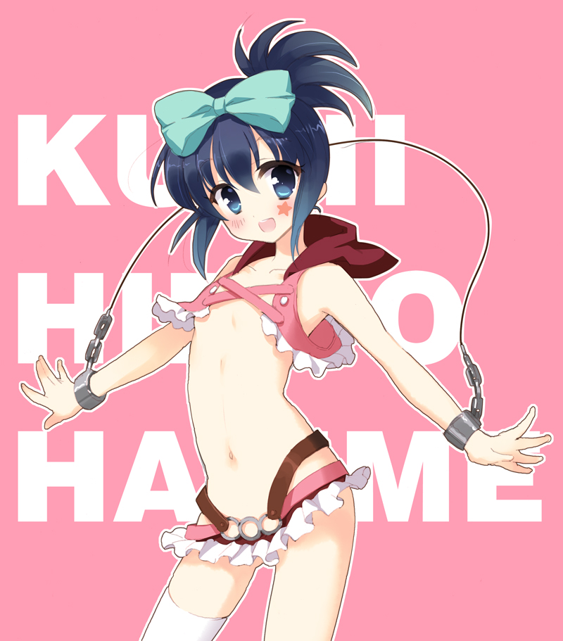 1girl black_hair blue_eyes blush bow chains character_name flat_chest hair_bow kunihiro_hajime mamita microskirt miniskirt navel no_bra no_panties open_mouth outstretched_arms pink_background ponytail revealing_clothes ribbon saki short_hair single_thighhigh skirt smile solo star tattoo thigh-highs white_legwear