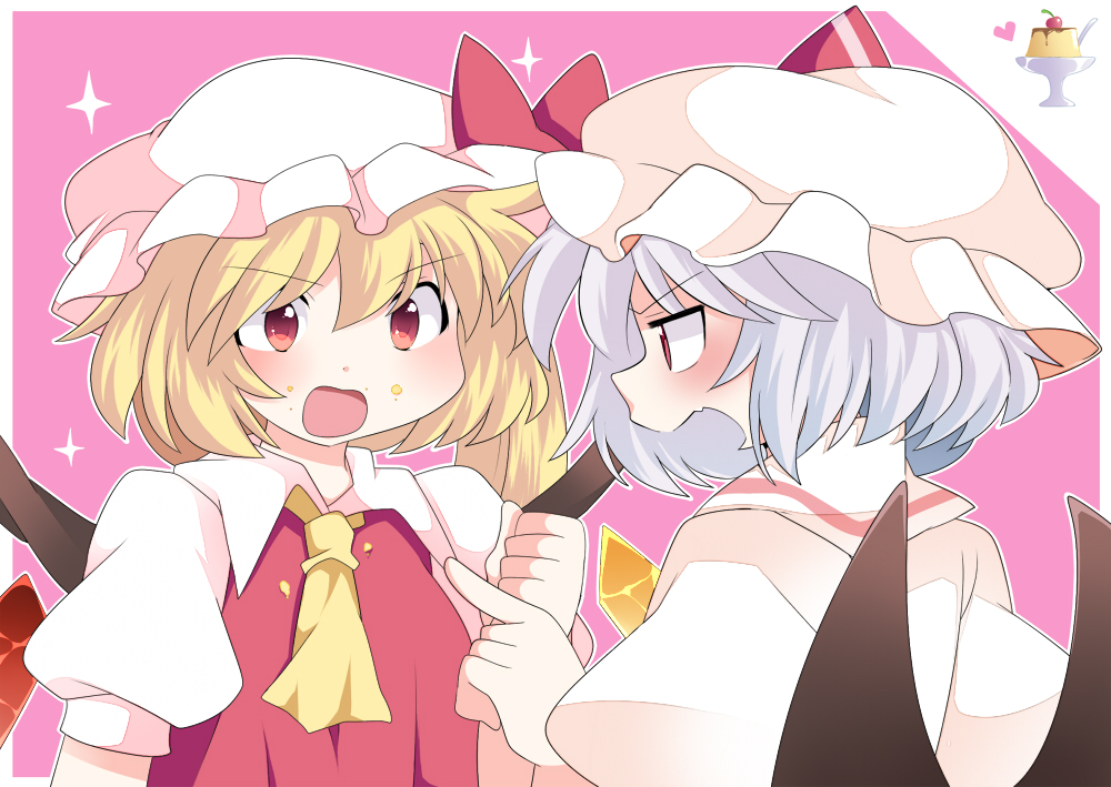 2girls arguing blonde_hair blue_hair commentary dress female flandre_scarlet hammer_(sunset_beach) hat multiple_girls pointing pudding red_eyes remilia_scarlet short_hair siblings simple_background sisters touhou upper_body wings