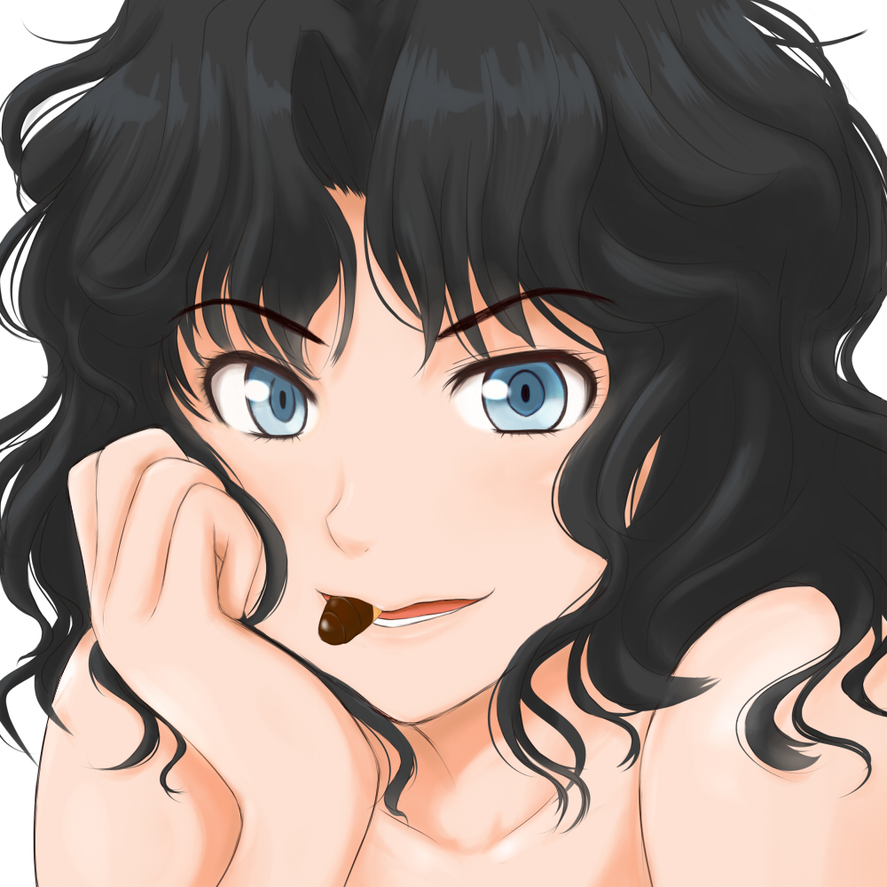 1girl amagami black_hair blue_eyes chin_rest chocolate face food food_in_mouth mouth_hold portrait solo takemi_kaoru tanamachi_kaoru wavy_hair