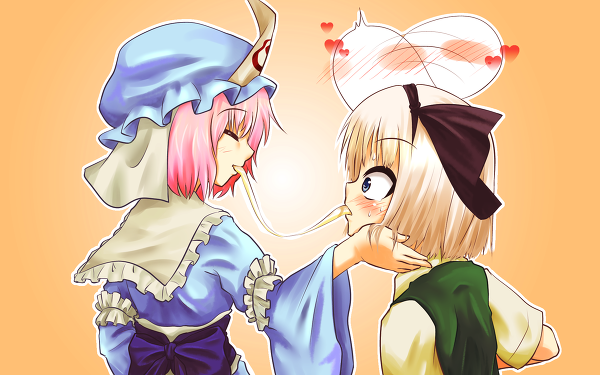 2girls blue_eyes blush closed_eyes female ghost hairband hand_on_another's_face heart hitodama konpaku_youmu konpaku_youmu_(ghost) matsumoto_aya multiple_girls pink_hair pixiv_thumbnail saigyouji_yuyuko shared_food short_hair silver_hair surprised touhou yuri