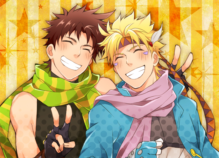 2boys ^_^ battle_tendency black_gloves black_shirt blonde_hair blue_gloves blue_jacket blush brown_hair caesar_anthonio_zeppeli closed_eyes danemaru double_v facial_mark feathers fingerless_gloves gloves grin headband jacket jojo_no_kimyou_na_bouken joseph_joestar_(young) male_focus multiple_boys ribbon scarf shirt sleeveless smile striped striped_background striped_scarf teeth v variaaaaa