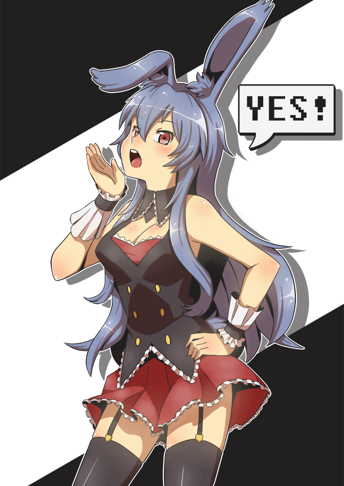 1girl animal_ears blue_hair breasts cleavage english garter_straps kurousagi_(mondaiji) long_hair mondaiji-tachi_ga_isekai_kara_kuru_sou_desu_yo? open_mouth rabbit_ears red_eyes smile solo thigh-highs weaboo yes